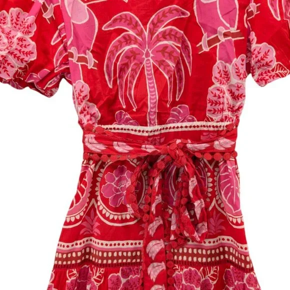FARM Rio Summer Sunrise Midi Dress Red Short Sleeve Belted Back Cut Out Size S - Picture 12 of 13
